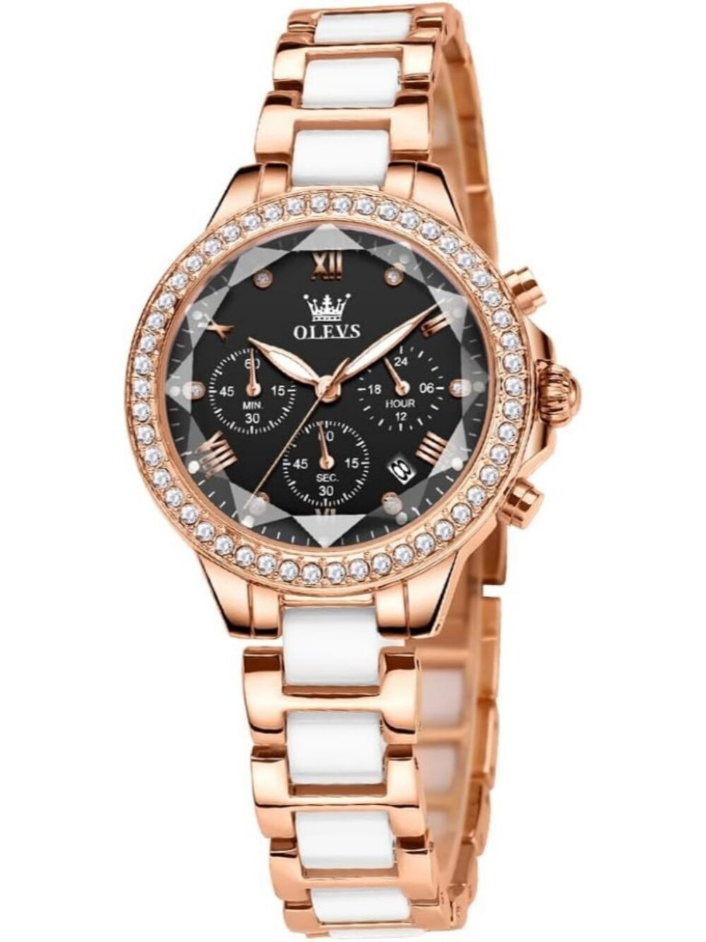 Olevs Women's Black Skeleton Diamond Rose Gold Automatic Elegant Luxury Watch